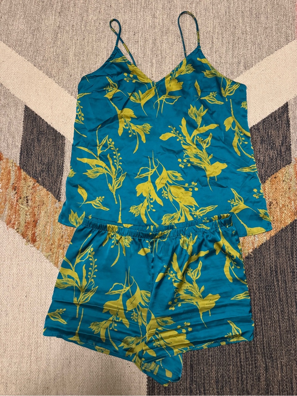 stars above Teal & Yellow Floral Satin Pajama Cami Short Set